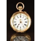 Unnamed 14ct gold keyless winding open faced pocket watch with gold hands, black Roman numerals,