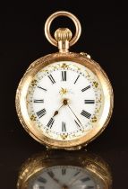 Unnamed 14ct gold keyless winding open faced pocket watch with gold hands, black Roman numerals,