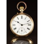 Unnamed 14ct gold keyless winding open faced pocket watch with inset subsidiary seconds dial,