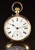 Unnamed 14ct gold keyless winding open faced pocket watch with inset subsidiary seconds dial,