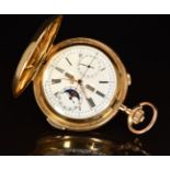 Volta 18ct gold keyless winding open faced triple calendar quarter repeater pocket watch with