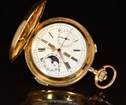Volta 18ct gold keyless winding open faced triple calendar quarter repeater pocket watch with