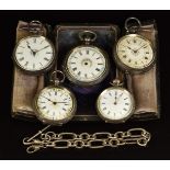 Five silver pocket watches, most with gilt and floral decoration including one in travel stand and