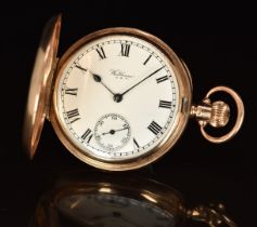 Waltham 9ct gold keyless winding full hunter pocket watch with inset subsidiary seconds dial,