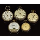 Five open faced pocket watches comprising James Rigby of Liverpool, two J W Benson examples one