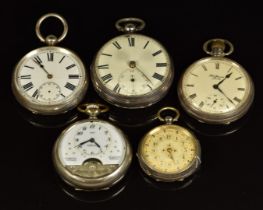 Five open faced pocket watches comprising James Rigby of Liverpool, two J W Benson examples one
