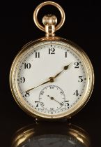 Unnamed 9ct gold keyless winding open faced pocket watch with subsidiary seconds dial, gold hands,