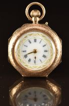 Unnamed 9ct gold keyless winding open faced pocket watch with gold hands, black Roman numerals, gilt