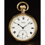 Vertex Revue gold plated keyless winding open faced pocket watch with subsidiary seconds dial, blued