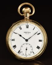 Vertex Revue gold plated keyless winding open faced pocket watch with subsidiary seconds dial, blued