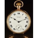 Waltham 9ct gold keyless winding open faced pocket watch with inset subsidiary seconds dial, blued