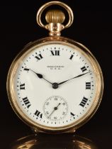 Waltham 9ct gold keyless winding open faced pocket watch with inset subsidiary seconds dial, blued