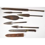 Six African tribal spear heads / thrusting spear, Greaves no2 Adze and North African knife with