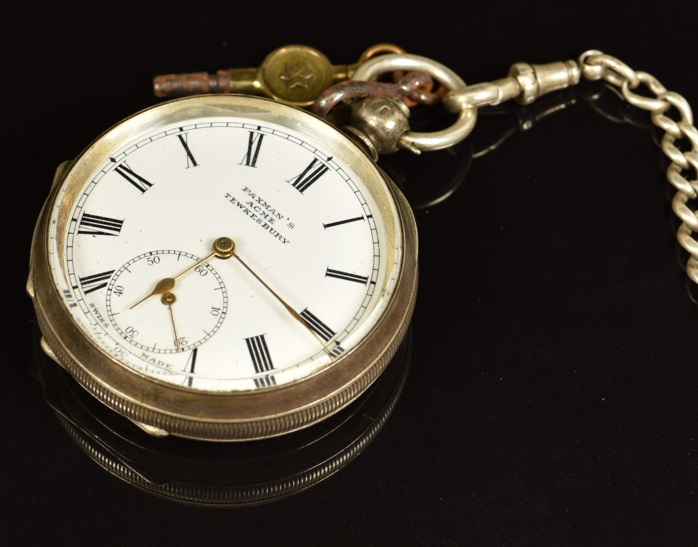 Two open faced pocket watches Paxman's Acme of Tewksbury silver example on silver chain with fob and - Image 2 of 5