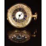 L Courlander of Croydon 14ct gold half hunter pocket watch with blued hands, black Roman numerals,