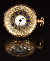L Courlander of Croydon 14ct gold half hunter pocket watch with blued hands, black Roman numerals,