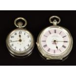 Two silver open faced pocket watches Kay's Express with floral decorated dial and one other with