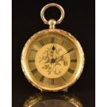 Unnamed 18ct gold open faced pocket watch with blued hands, black Roman numerals, engraved gold