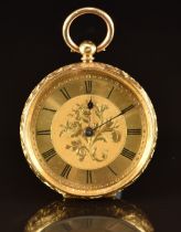 Unnamed 18ct gold open faced pocket watch with blued hands, black Roman numerals, engraved gold