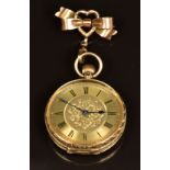 Unnamed 14ct gold keyless winding open faced pocket watch with blued hands, black Roman numerals,