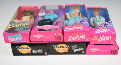 Seven Mattel Barbie dolls dating to the 1990's including Olympic Skater 18501, Beyond Pink 20017 and