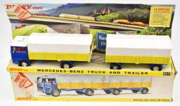 Dinky Toys diecast model Mercedes-Benz Truck and Trailer with blue cab, yellow bed, white