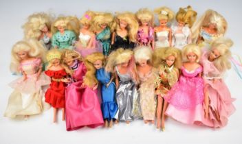 Eighteen Mattel Barbie dolls dressed in evening clothing, with accessories.