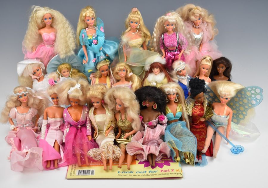 Twenty-two Mattel Barbie dolls dressed in evening clothing with accessories.