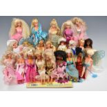 Twenty-two Mattel Barbie dolls dressed in evening clothing with accessories.