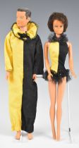Mattel Barbie & Ken 'Masquerade' dolls with yellow/black striped jester outfits, c.1964, height