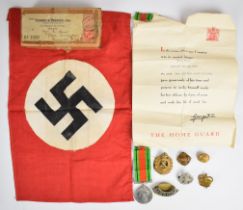 WW2 Home Guard certificate for Kenneth Charles Hunt together with his Defence Medal, badges for