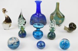 Eleven Mdina, Holmegaard, Shakespeare and Wedgwood glass vases and paperweights, some signed and