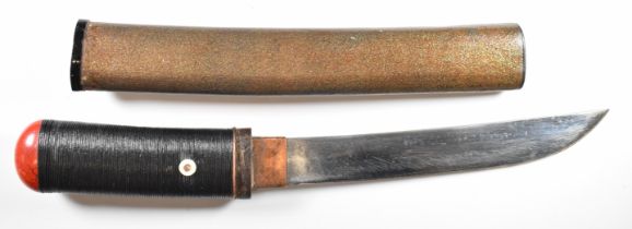 Japanese Meiji period tanto Samurai sword with embossed gilt fuchi, red lacquer kashira, bound