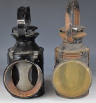 Two British Railways railway tri colour hand lamps, both marked BR, height 30cm