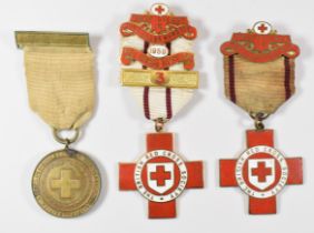 Three Red Cross medals, WW1 Red Cross Society Medal for War Service, Proficiency Medal named to