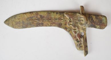 Ancient Bronze Age or similar dagger with embossed decoration and curved blade, 25cm long. PLEASE