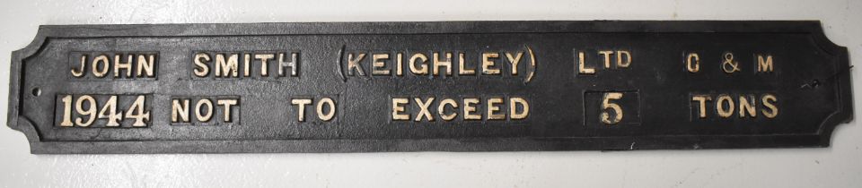 John Smith Keighley 1944 5 ton railway or similar crane cast iron plate, length 134cm