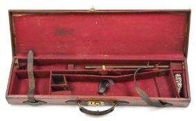 English leather bound shotgun carry case for a 28" barrelled side by side shotgun, with cleaning