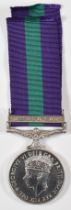 British Army George VI General Service Medal with clasp for Malaya named to 22183211 Pte D F Tasker,
