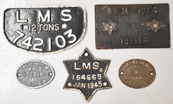 Five LMS and BR (M) railway wagon and similar plates comprising 12 ton wagon plate, LMS 1945 star