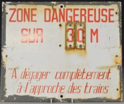 SNCF or similar enamel railway danger sign in French, 29 x 35cm