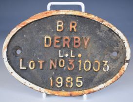 British Railways class 142 pacer diesel unit cast iron plate for Derby 1985 lot number 31003