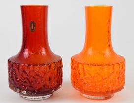 Two Geoffrey Baxter for Whitefriars Textured Bark Mallet glass vases in tangerine orange and and