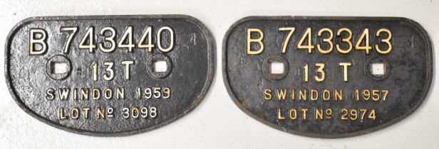 Two British Railways Swindon 13 ton China Clay wagon cast iron plates, dated 1957 and 1959