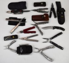 Ten multitools, some with blades including three Leatherman examples and a Marksman, eight with