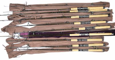 Eight unused carbon spinning rods, probably Persicus, and two spare sections