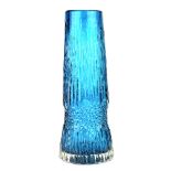 Geoffrey Baxter for Whitefriars Textured Bark Rocket glass vase in Kingfisher blue, 9825, 32cm tall.