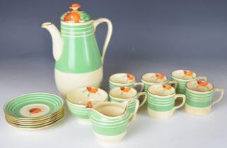 Gray's Pottery Art Deco coffee set in the Sunbuff pattern with floral decoration, tallest 26cm