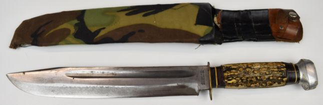 Bowie knife by Jacobs & Co, Solingen with horn or similar handle, blade length 26cm, with sheath.