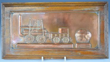 Stockston & Darlington Railway copper commemorative plaque depicting No. 1 Engine Locomotion, with